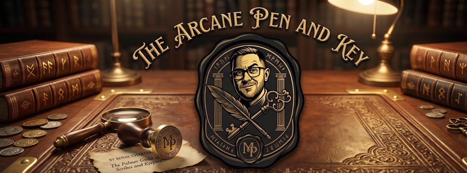 The Arcane Pen and Key: the imprint's seal, a quill and key crossed between two columns, on a leather desk lit by a brass lamp between stacks of rune-tooled books